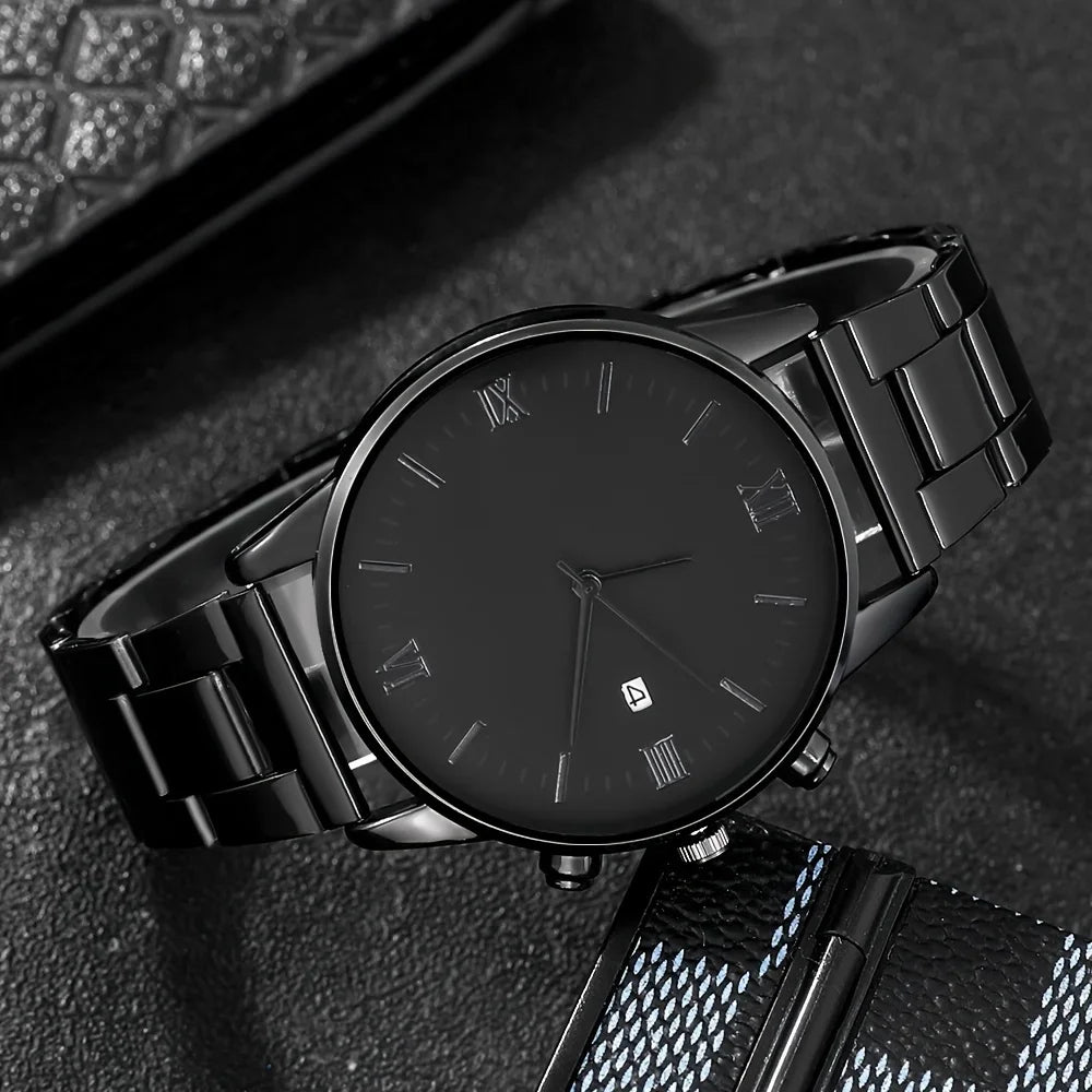 4PCS Fashion Men Business Watches Black Steel Band Male's Calendar Quartz Watch Relogio Masculino Jewelry Set（Without Box）