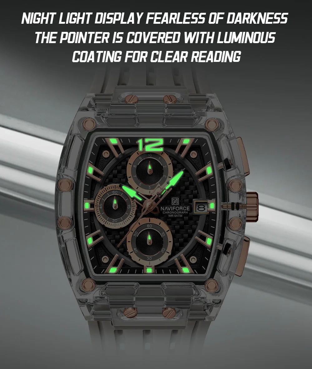 Naviforce 7105 Casual New Chronograph Mul-tifunction Watches Sports Silicone Man Transparent Case Wristwatch