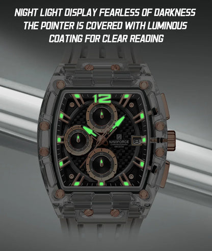 Naviforce 7105 Casual New Chronograph Mul-tifunction Watches Sports Silicone Man Transparent Case Wristwatch