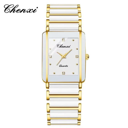 CHENXI 104A Couple Watches Waterproof Luxury Ceramics Square Business Stainless Steel Strap for Women Men Clock