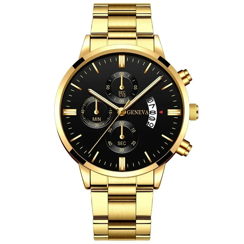 4pcs Luxury Men Business Quartz Watch Gold Alloy Roman with Calendar Wrist Watch Cross Necklace Bracelet Ring Set Men's Gift