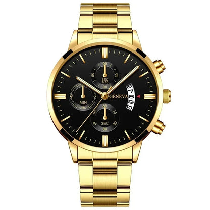 4pcs Luxury Men Business Quartz Watch Gold Alloy Roman with Calendar Wrist Watch Cross Necklace Bracelet Ring Set Men's Gift