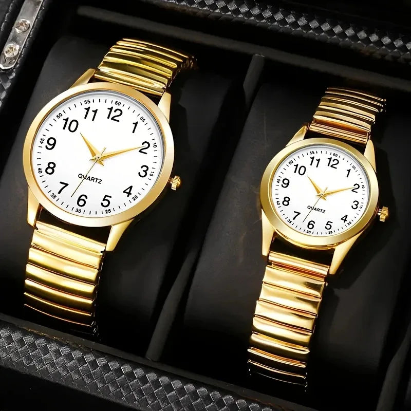 1/2PCS Couple Quartz Watch Fashion Creative Arabic Numerals Round Dial Elastic Band Elegant Couple Wristwatch Gift for Lovers