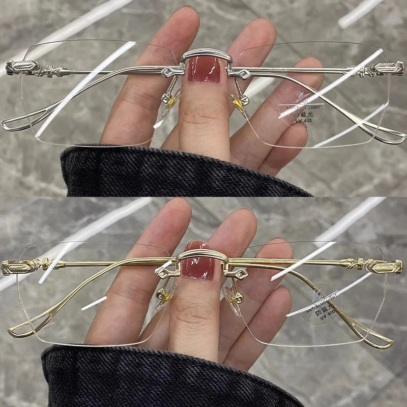 New Transparent Square Rimless Eyeglasses Blue Light Blocking Glasses Fashion Frameless for Women Men Silver Computer Glasses