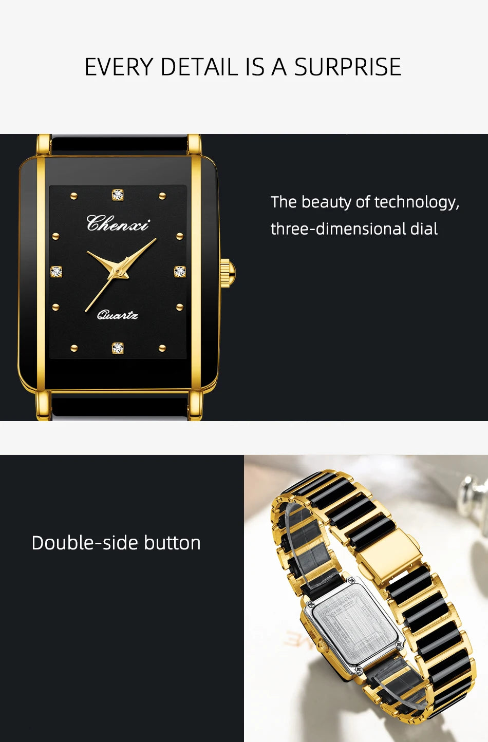 CHENXI 104A Couple Watches Waterproof Luxury Ceramics Square Business Stainless Steel Strap for Women Men Clock