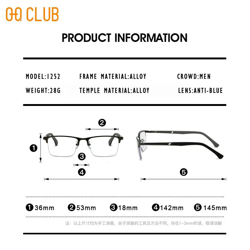 O-Q CLUB Men's Half-frame Business Reading Glasses Anti-blue Light Anti-fatigue Metal Frame