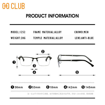 O-Q CLUB Men's Half-frame Business Reading Glasses Anti-blue Light Anti-fatigue Metal Frame
