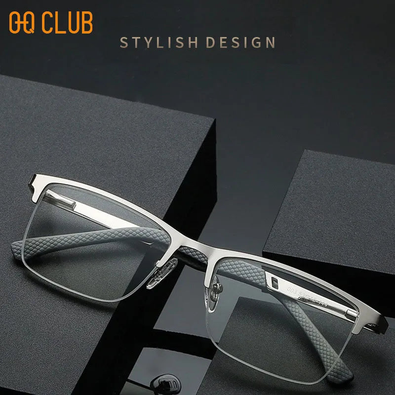 O-Q CLUB Men's Half-frame Business Reading Glasses Anti-blue Light Anti-fatigue Metal Frame