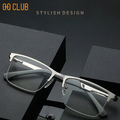 O-Q CLUB Men's Half-frame Business Reading Glasses Anti-blue Light Anti-fatigue Metal Frame