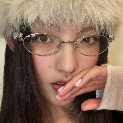 Vintage Y2K Rhinestone Studded Metal Oval Small Frame Elliptical Flat Eyeglasses Anti Blue Light Glasses Women Fashion Eyewear
