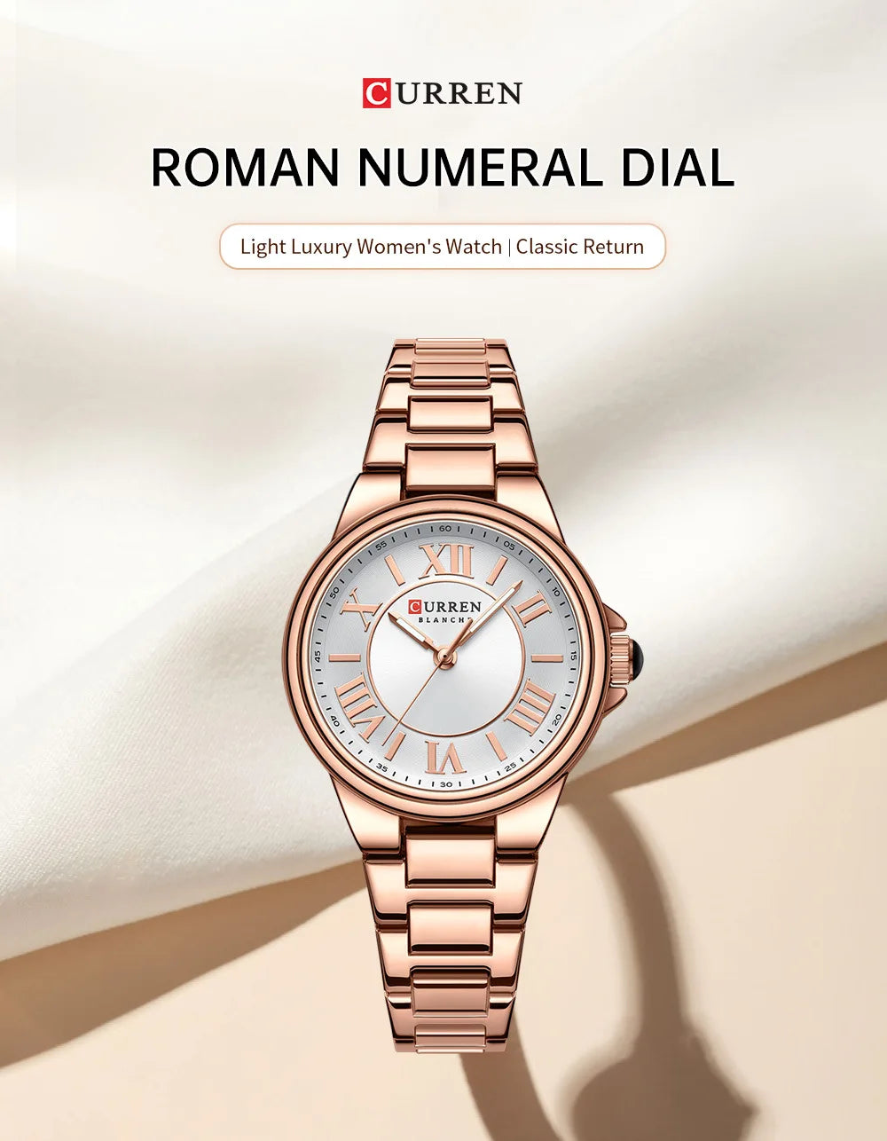 CURREN 9091 Luxury Original Woman Round Watch Stainless Steel 3ATM Waterproof  Wristwatch