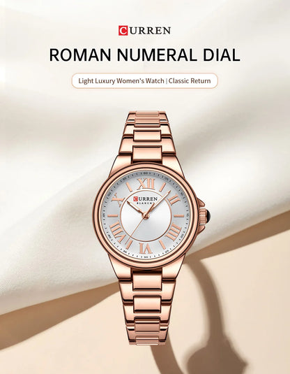 CURREN 9091 Luxury Original Woman Round Watch Stainless Steel 3ATM Waterproof  Wristwatch