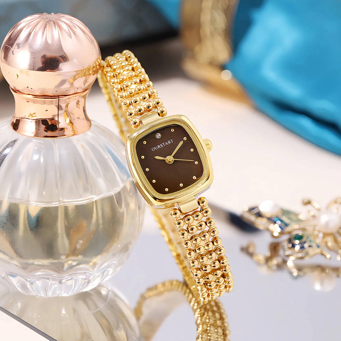 Fashion Retro Square Gold Watch High Quality Women Bracelet Watches Luxury Bead Link Strap Wristwatches Ladies Clock Gifts