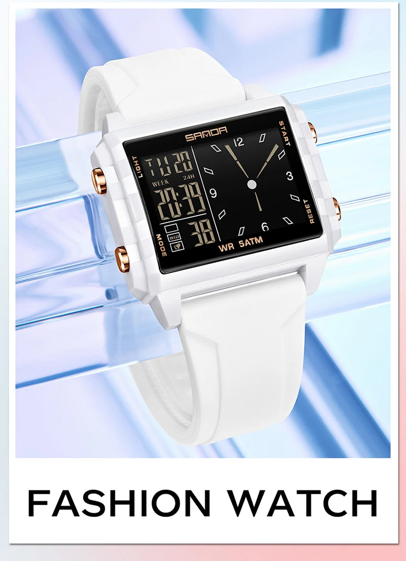 SANDA 6273 Wristwatch Square Dual Time Man Electron Analog Watch for Men Women Waterproof Count Down Timer Digital World Time