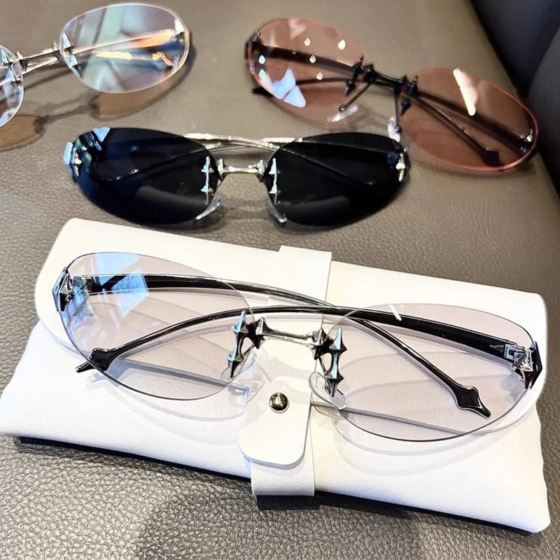 2026 Fashion Rimless Sunglass for Women Men Vintage Star Shaped Small Oval Frameless Y2K Blue Light Blocking Glasses Daily Wear
