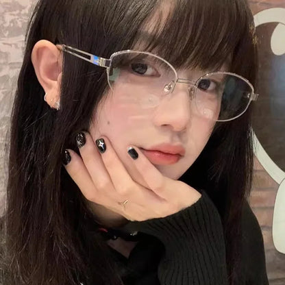 Korean Golden Silk Edge Half Frame Glasses Retro Oval Frame Eyeglasses Reading Computer Sweet Cool Anti Blue Light Eyeglasses