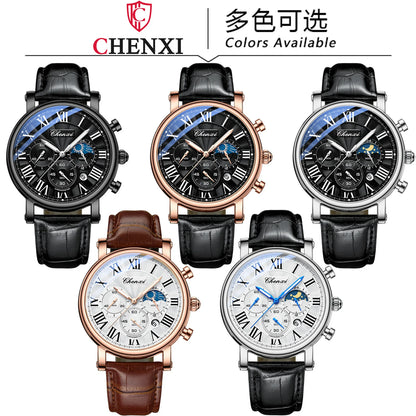 CHENXI 973 Multi-function Business Moon Phase Date Waterproof Rome Analog Imported Men Wristwatch