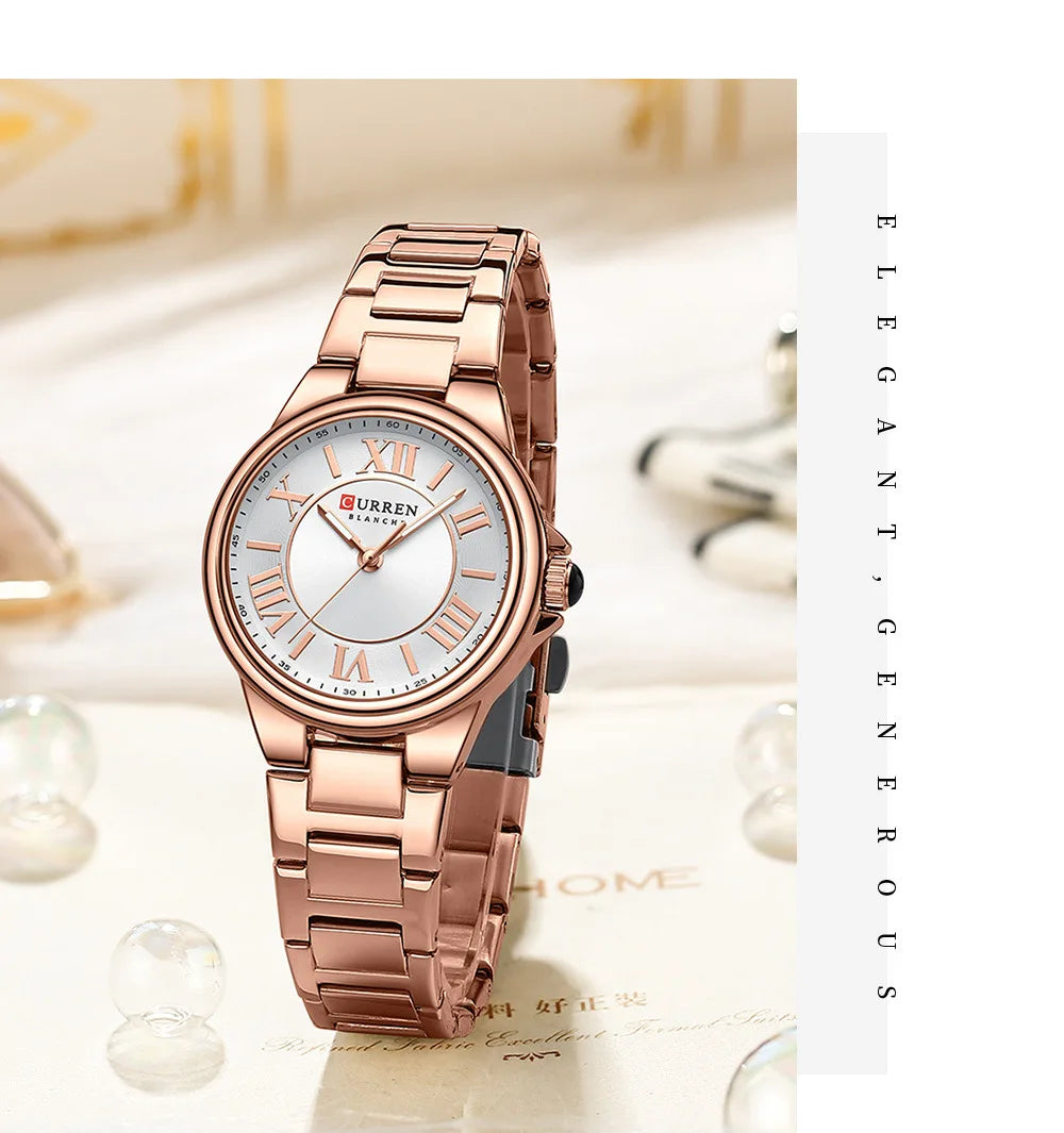 CURREN 9091 Luxury Original Woman Round Watch Stainless Steel 3ATM Waterproof  Wristwatch