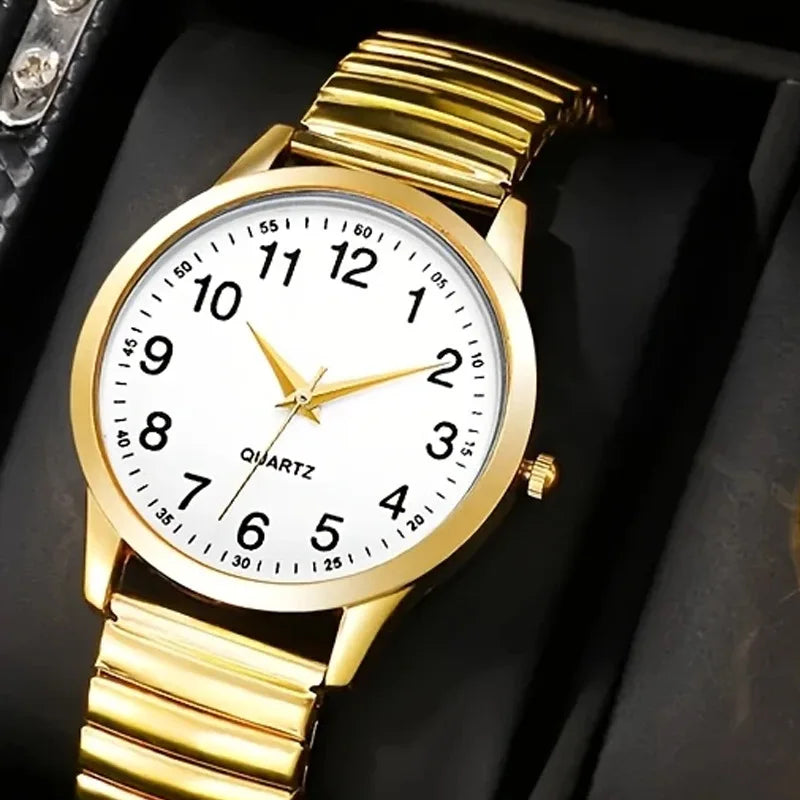 1/2PCS Couple Quartz Watch Fashion Creative Arabic Numerals Round Dial Elastic Band Elegant Couple Wristwatch Gift for Lovers