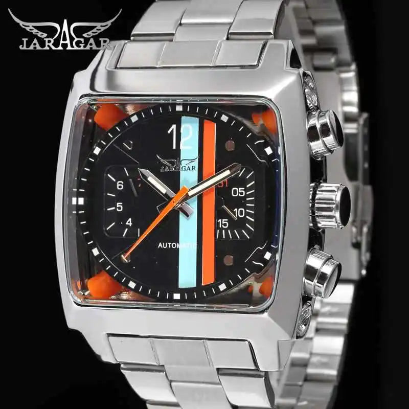 JARAGAR 569 Men's Mechanical Watch Fashion Design Square Dial Date Week Waterproof Steel Strap Leisure Wristwatch