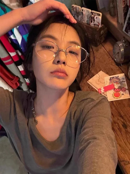 Korean Golden Silk Edge Half Frame Glasses Retro Oval Frame Eyeglasses Reading Computer Sweet Cool Anti Blue Light Eyeglasses