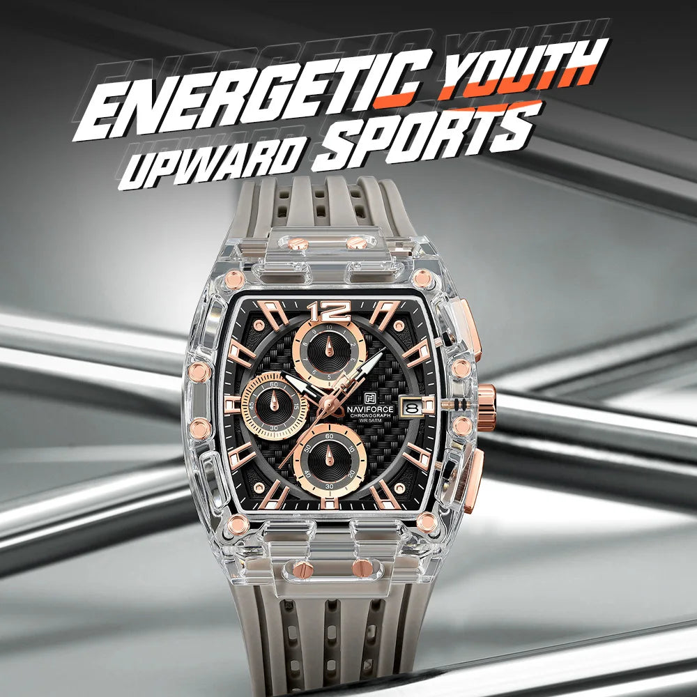 Naviforce 7105 Casual New Chronograph Mul-tifunction Watches Sports Silicone Man Transparent Case Wristwatch