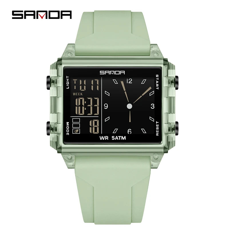 SANDA 6273 Wristwatch Square Dual Time Man Electron Analog Watch for Men Women Waterproof Count Down Timer Digital World Time