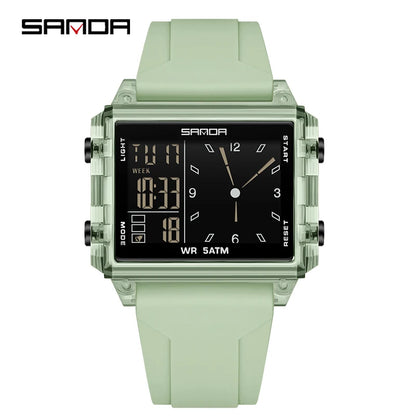 SANDA 6273 Wristwatch Square Dual Time Man Electron Analog Watch for Men Women Waterproof Count Down Timer Digital World Time