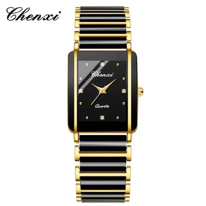 CHENXI 104A Couple Watches Waterproof Luxury Ceramics Square Business Stainless Steel Strap for Women Men Clock