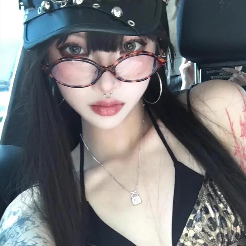 1/2pcs New Women Leopard Y2K Retro Oval Frame Glasses Sweet Cool Eyewear