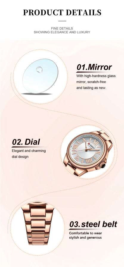 CURREN 9091 Luxury Original Woman Round Watch Stainless Steel 3ATM Waterproof  Wristwatch