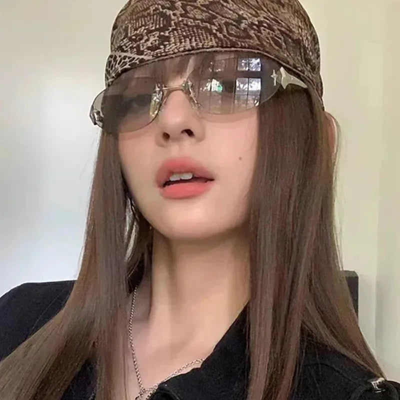 2026 Fashion Rimless Sunglass for Women Men Vintage Star Shaped Small Oval Frameless Y2K Blue Light Blocking Glasses Daily Wear