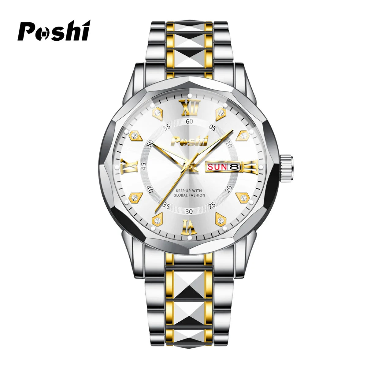POSHI Men's Quartz Watch Original Waterproof Luminous Dual Calendar Quartz Wristwatch