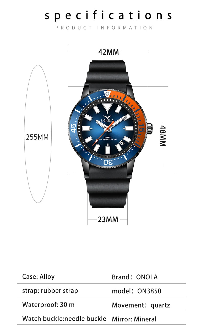 ONOLA 3850 Luxury Men's Watch Silicone Strap Timing Waterproof Sports Quartz watch