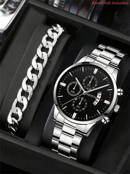 2pcs Luxury Men Business Watch Stainless Steel Men Fashion Sports Casual Quartz Wristwatch Clock