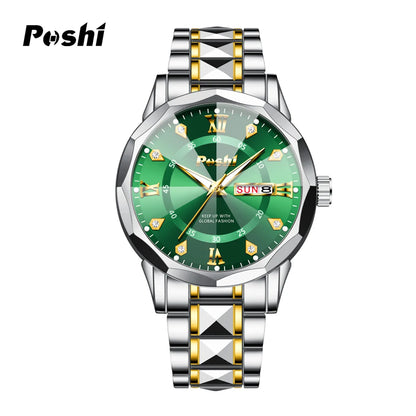 POSHI Men's Quartz Watch Original Waterproof Luminous Dual Calendar Quartz Wristwatch