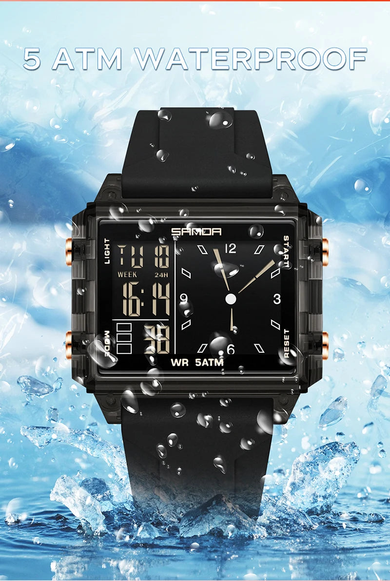 SANDA 6273 Wristwatch Square Dual Time Man Electron Analog Watch for Men Women Waterproof Count Down Timer Digital World Time