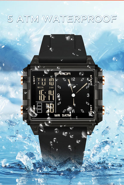 SANDA 6273 Wristwatch Square Dual Time Man Electron Analog Watch for Men Women Waterproof Count Down Timer Digital World Time