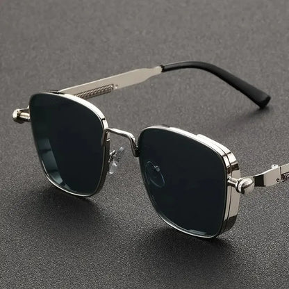 Men Driving Sunglasses Vintage Steampunk Square Sunglasses Metal Frame with Spring Hinges Women Eyepiece Trendy Driver Glasses