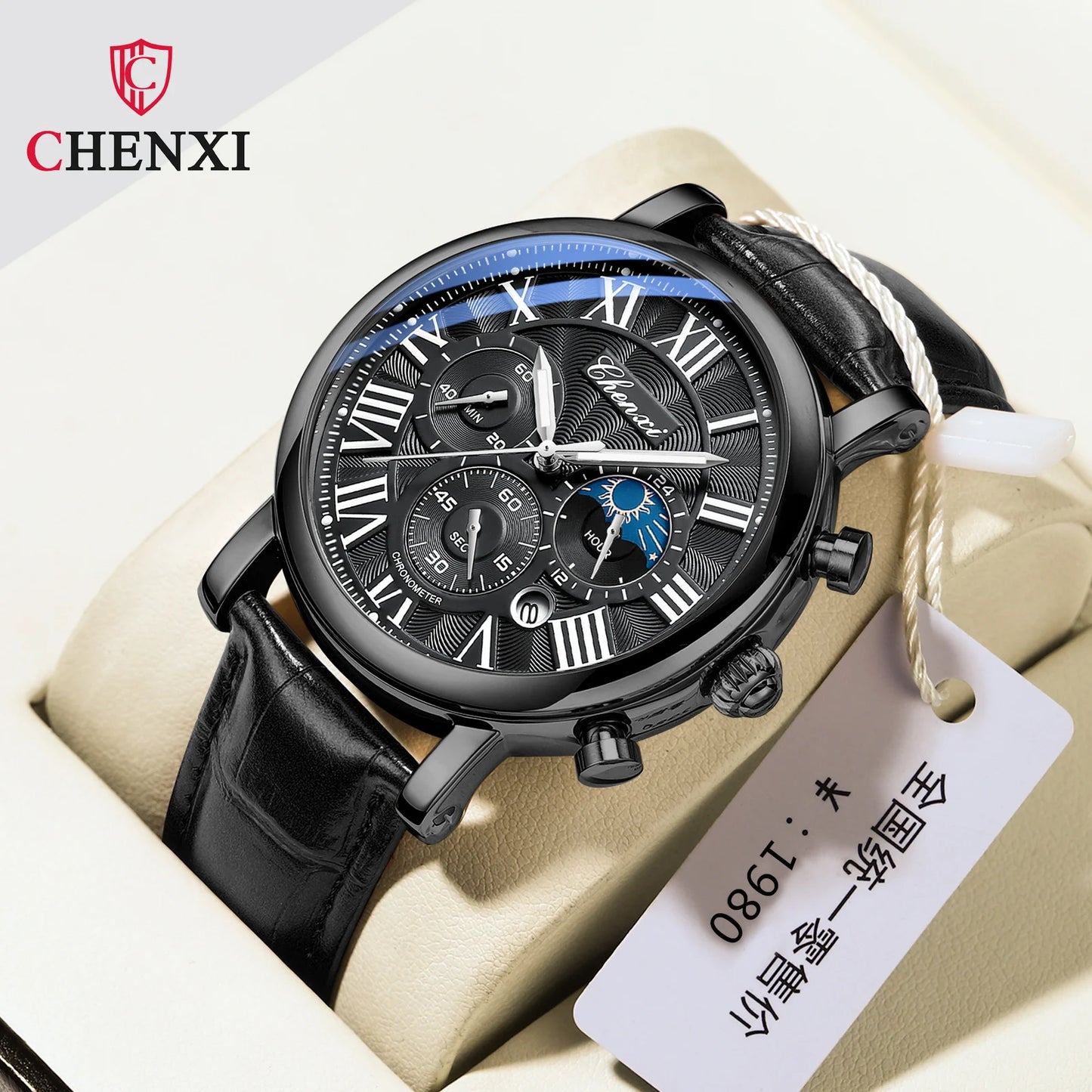CHENXI 973 Multi-function Business Moon Phase Date Waterproof Rome Analog Imported Men Wristwatch