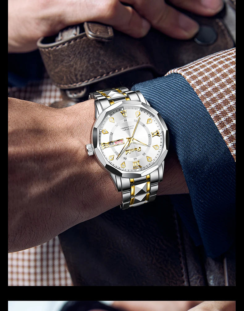 POSHI Men's Quartz Watch Original Waterproof Luminous Dual Calendar Quartz Wristwatch