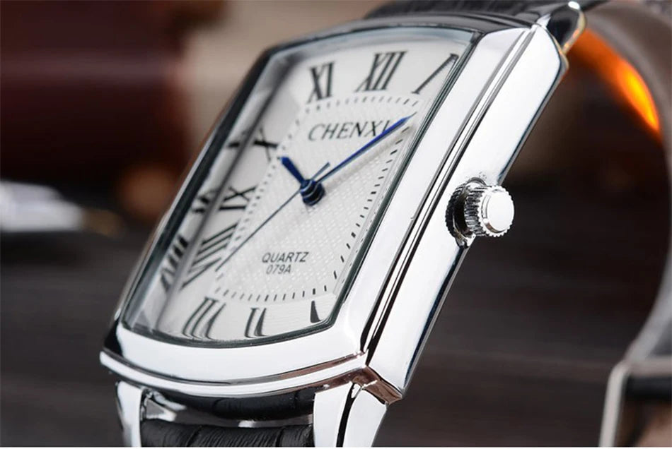 CHENXI 079A Couple's Watches Simple Square Business Clock Black Leather Strap Wristwatch for Men and Women
