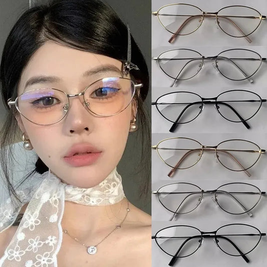 Vintage Cat Eye  Alloy Blue Light Glasses Frame Women INS Eyeglasses Korean Decorative Computer Clear Glasses Fashion Eyewear