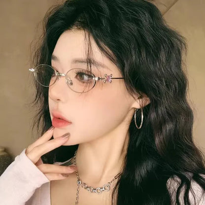 Fashion Punk Small Frame Glasses Retro Silver Anti Blue Light Eyewear for Women Y2K Rhinestone Glasses Girl Reading Eyeglasses