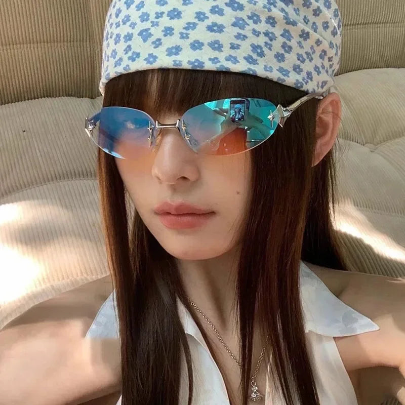 2026 Fashion Rimless Sunglass for Women Men Vintage Star Shaped Small Oval Frameless Y2K Blue Light Blocking Glasses Daily Wear