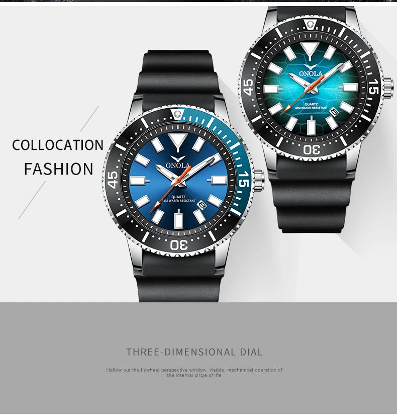 ONOLA 3850 Luxury Men's Watch Silicone Strap Timing Waterproof Sports Quartz watch