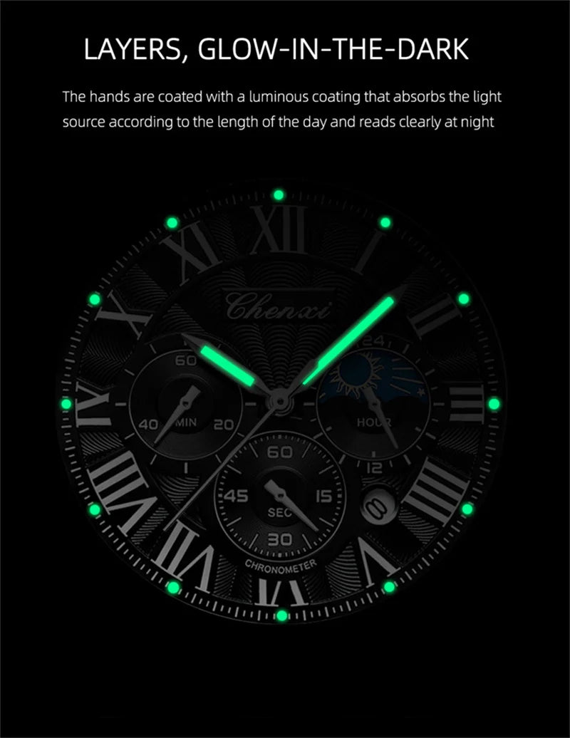 CHENXI 973 Multi-function Business Moon Phase Date Waterproof Rome Analog Imported Men Wristwatch