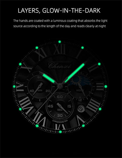 CHENXI 973 Multi-function Business Moon Phase Date Waterproof Rome Analog Imported Men Wristwatch