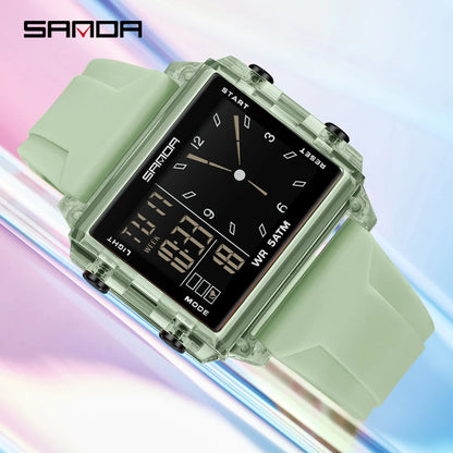SANDA 6273 Wristwatch Square Dual Time Man Electron Analog Watch for Men Women Waterproof Count Down Timer Digital World Time