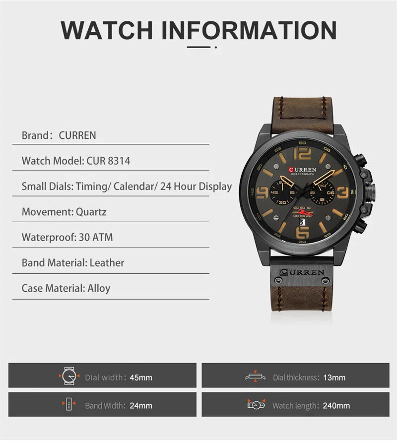 CURREN 8314 Men Quartz Watch Waterproof Chronograph Business Leather Belt Retro Watch For Men Watches Student Wristwatch Sports